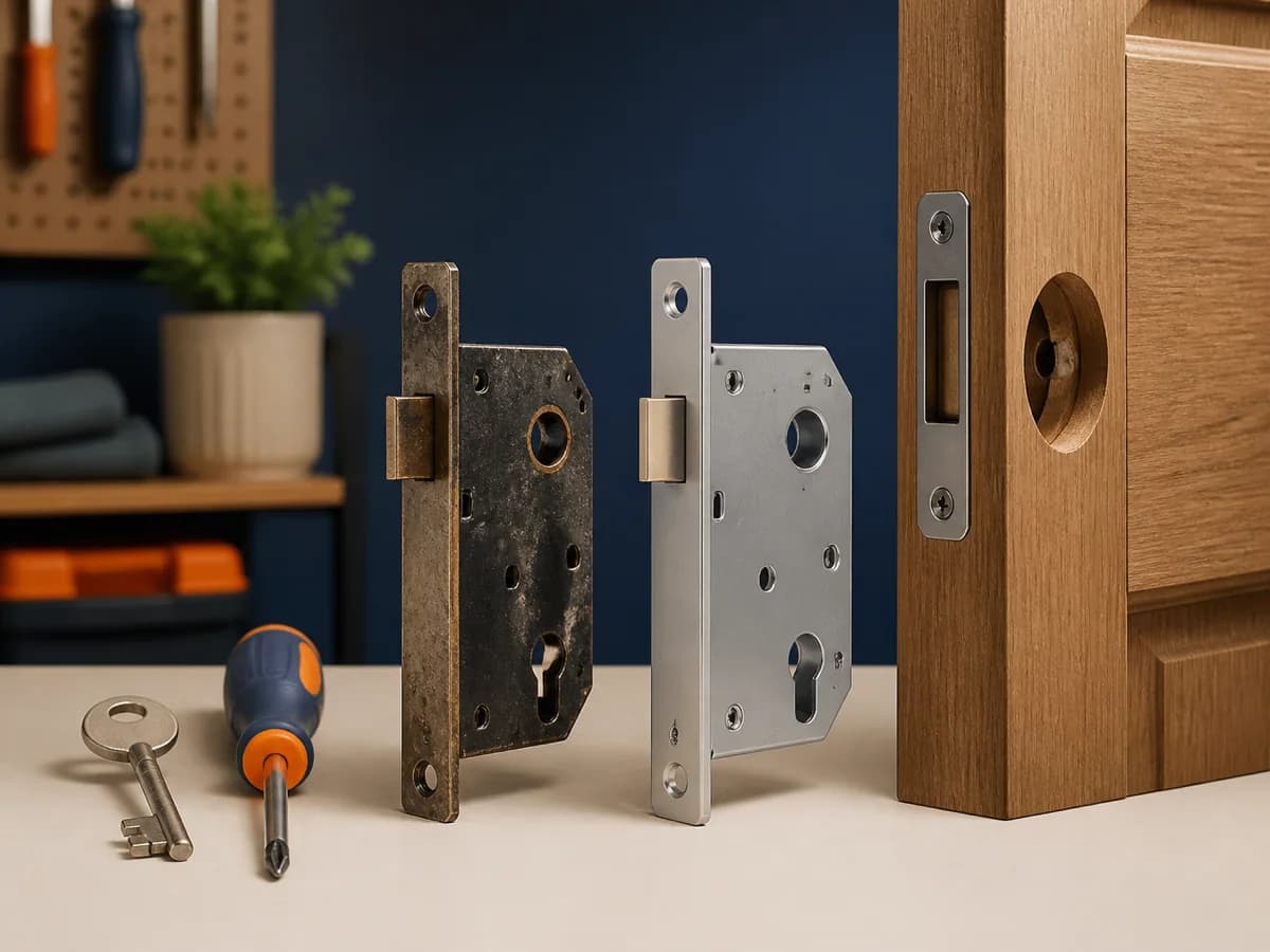 Ilustración de una cerradura, una llave y herramientas para reemplazarla en una puerta