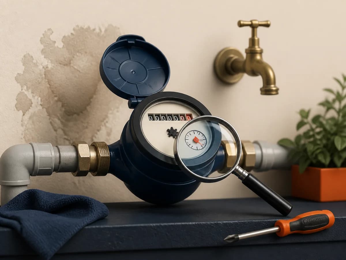 Medidor de agua domiciliario junto a una pared con una pequeña marca de humedad y una lupa