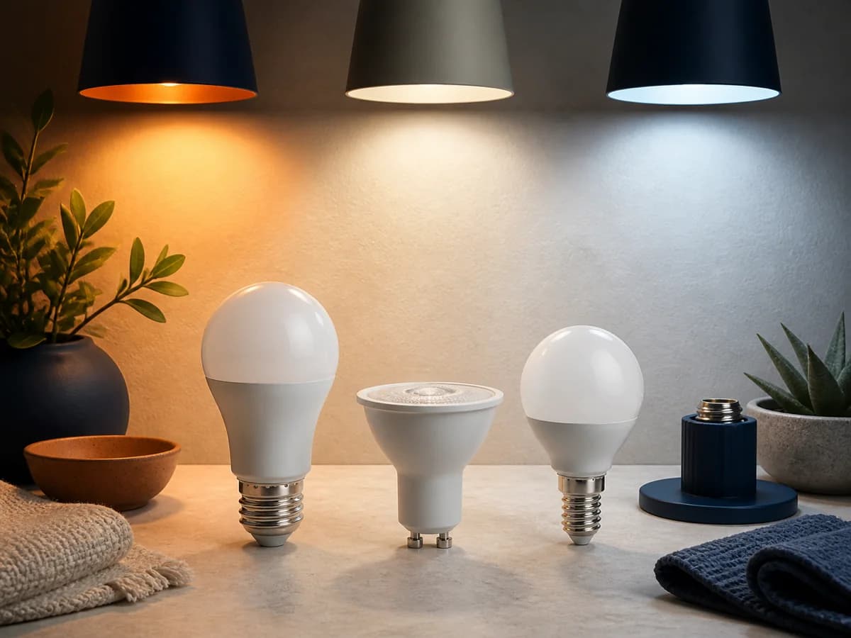 Tres lámparas LED con distintas temperaturas de color y sus casquillos visibles sobre una mesa