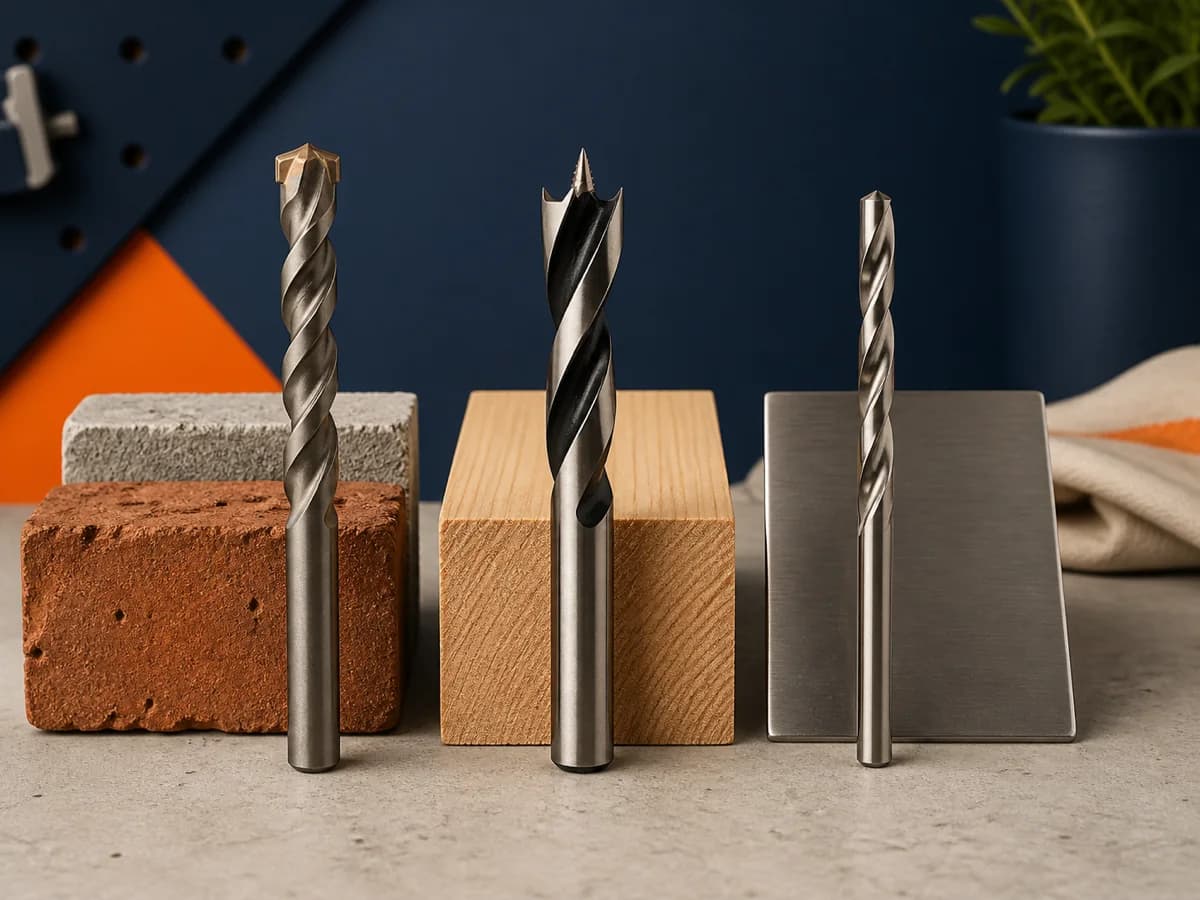 Tres mechas diferentes para mampostería, madera y metal identificadas por la forma de sus puntas