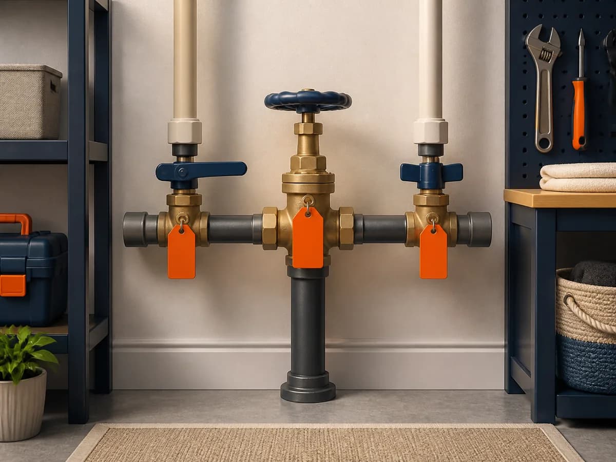Llave de paso de agua señalizada en una instalación domiciliaria con una etiqueta visible