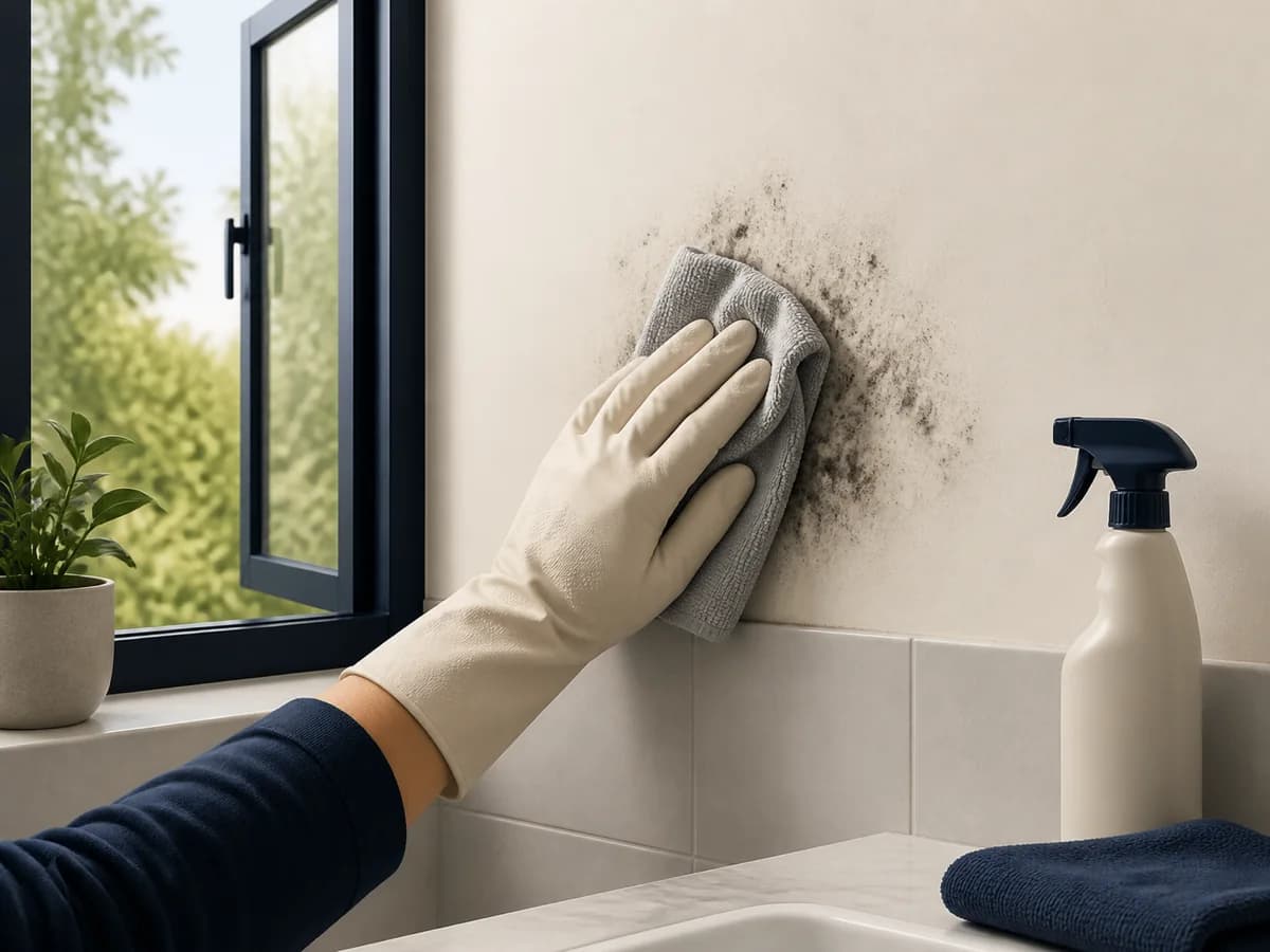 Persona con guantes limpiando una mancha pequeña de moho en una pared ventilada