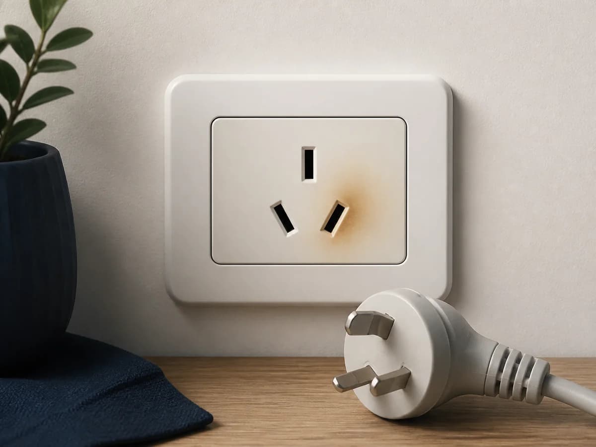 Tomacorriente argentino tipo I con una marca de calor leve y señal de advertencia, sin cables expuestos